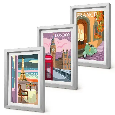 Retro cityscapes of Paris, London and France framed triptych