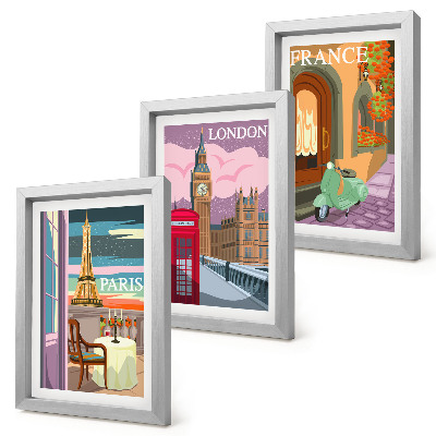 Framed triptych Retro cityscapes of Paris, London and France
