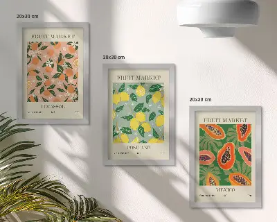 3-piece wall art set featuring citrus and tropical fruits in a retro style