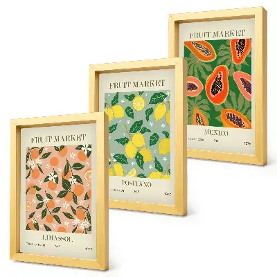 3-piece wall art set featuring citrus and tropical fruits in a retro style
