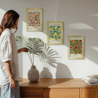 3-piece wall art set featuring citrus and tropical fruits in a retro style