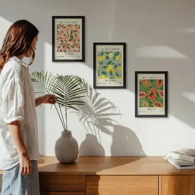 3-piece wall art set featuring citrus and tropical fruits in a retro style