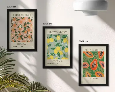 3-piece wall art set featuring citrus and tropical fruits in a retro style