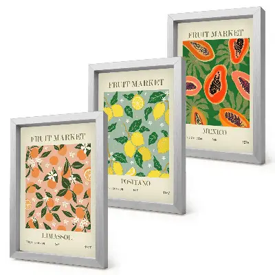 3-piece wall art set featuring citrus and tropical fruits in a retro style