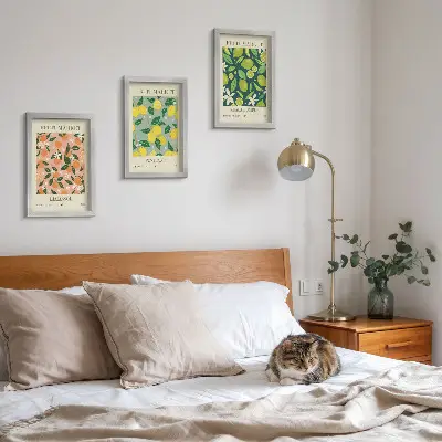 Photo frame wall with fruity citrus patterns and vintage flowers