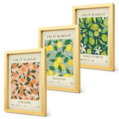 Photo frame wall with fruity citrus patterns and vintage flowers