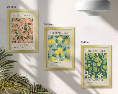 Photo frame wall with fruity citrus patterns and vintage flowers