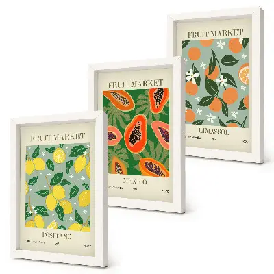 Fruit and flower triptych wall art framed lemon, papaya, and tangerine poster set