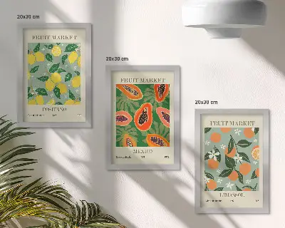 Fruit and flower triptych wall art framed lemon, papaya, and tangerine poster set