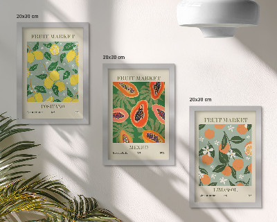 Framed triptych Fruit posters lemons papayas tangerines flowers