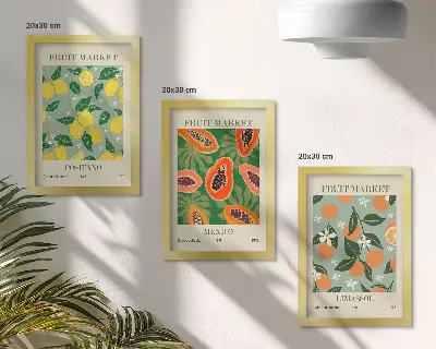 Fruit and flower triptych wall art framed lemon, papaya, and tangerine poster set