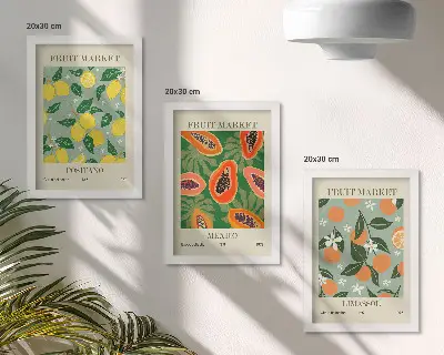 Fruit and flower triptych wall art framed lemon, papaya, and tangerine poster set