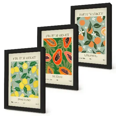 Fruit and flower triptych wall art framed lemon, papaya, and tangerine poster set