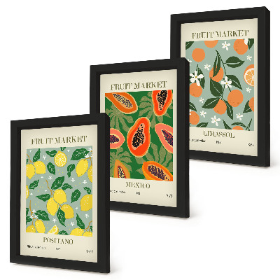 Framed triptych Fruit posters lemons papayas tangerines flowers