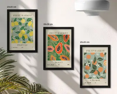 Fruit and flower triptych wall art framed lemon, papaya, and tangerine poster set