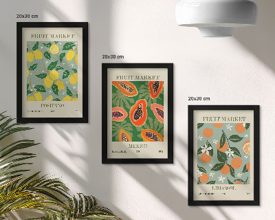Framed triptych Fruit posters lemons papayas tangerines flowers