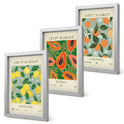 Framed triptych Fruit posters lemons papayas tangerines flowers
