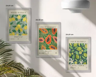 3-piece wall art set featuring fruity patterns of lemons, papayas, and limes