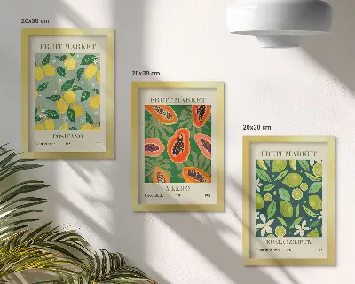 3-piece wall art set featuring fruity patterns of lemons, papayas, and limes