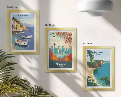 Cityscapes and landscapes from Greece, Canada and Australia framed triptych