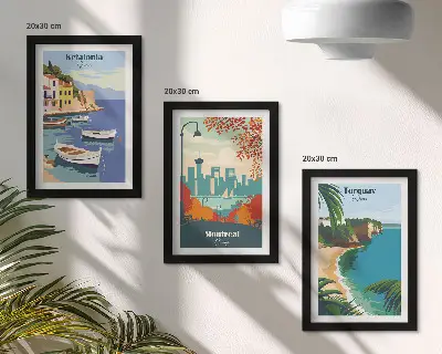 Cityscapes and landscapes from Greece, Canada and Australia framed triptych