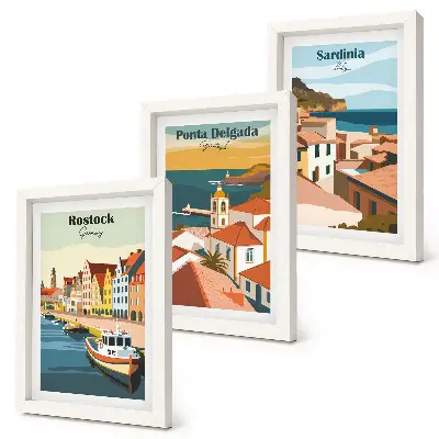Photo frame wall featuring views of European coastal and port cities