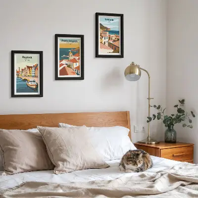 Photo frame wall featuring views of European coastal and port cities