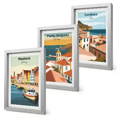 Photo frame wall featuring views of European coastal and port cities