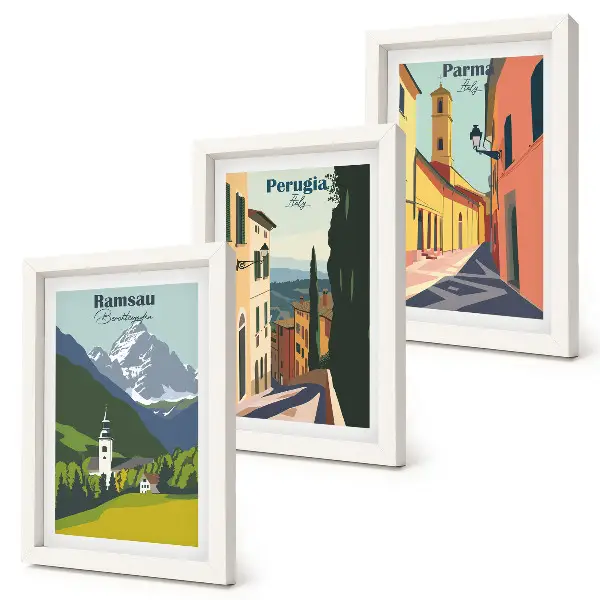 Mountain landscapes and Italian city streets framed triptych