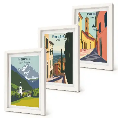 Mountain landscapes and Italian city streets framed triptych