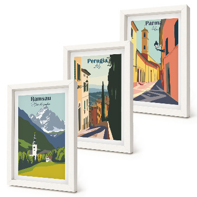 Framed triptych Mountain landscapes and streets of Italian cities