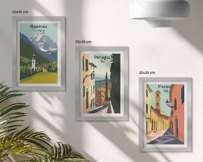 Framed triptych Mountain landscapes and streets of Italian cities
