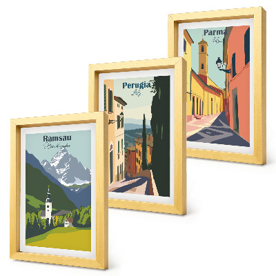 Framed triptych Mountain landscapes and streets of Italian cities