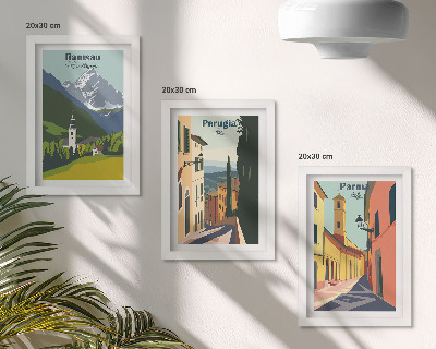 Framed triptych Mountain landscapes and streets of Italian cities