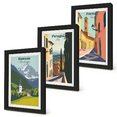 Mountain landscapes and Italian city streets framed triptych