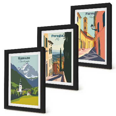 Framed triptych Mountain landscapes and streets of Italian cities