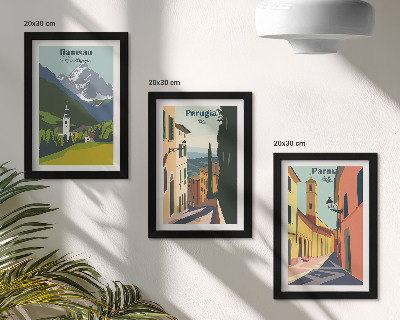 Framed triptych Mountain landscapes and streets of Italian cities