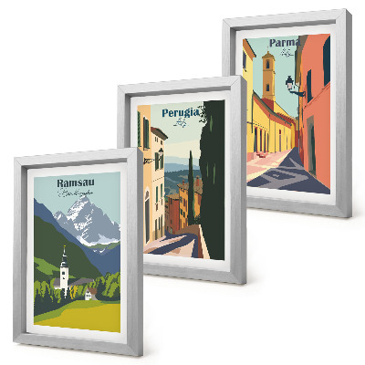 Framed triptych Mountain landscapes and streets of Italian cities