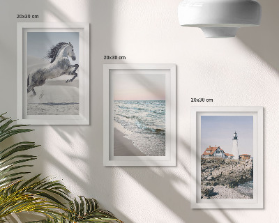Photo frame wall Horses in motion beach and lighthouse water waves
