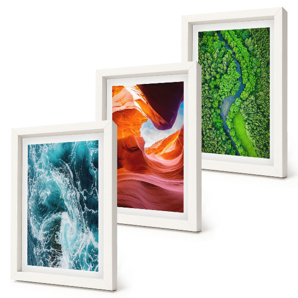 Framed triptych Water in motion canyon and green forest nature