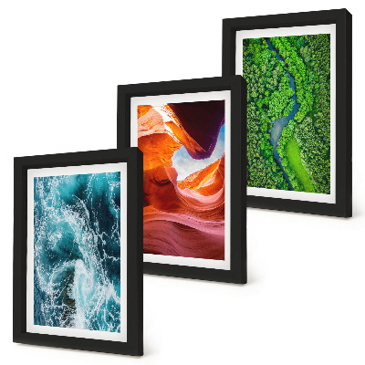 Framed triptych Water in motion canyon and green forest nature