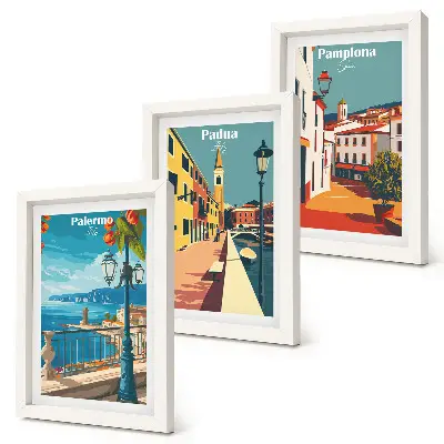 Photo frame wall featuring popular cities in a retro illustrative style