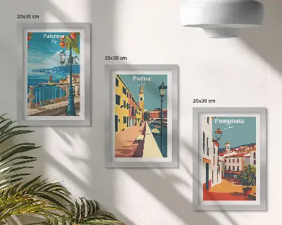 Photo frame wall featuring popular cities in a retro illustrative style