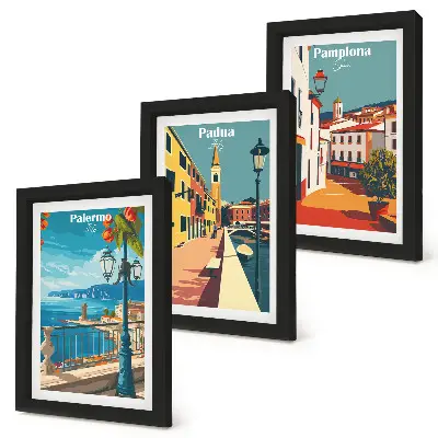Photo frame wall featuring popular cities in a retro illustrative style