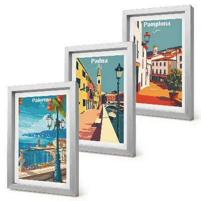 Photo frame wall featuring popular cities in a retro illustrative style