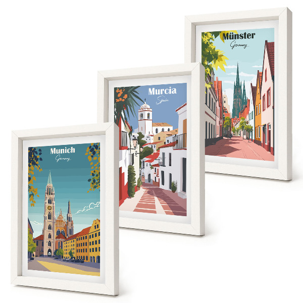 Framed triptych European cities in colorful illustrations