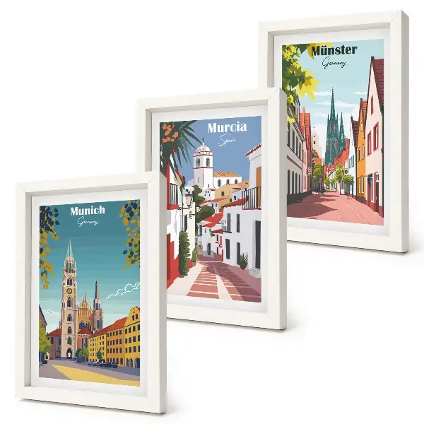 European cities colorful illustrations framed triptych