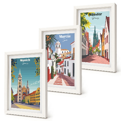 Framed triptych European cities in colorful illustrations