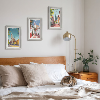 Framed triptych European cities in colorful illustrations