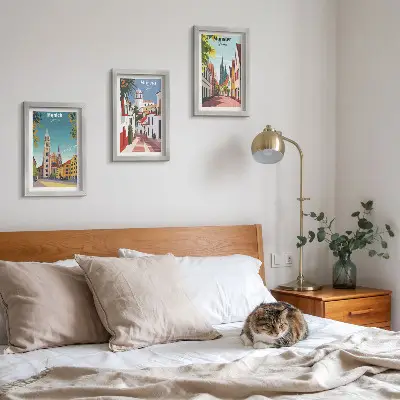European cities colorful illustrations framed triptych